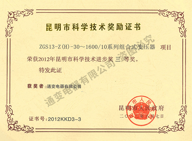 昆明市科學技術(shù)獎勵證書